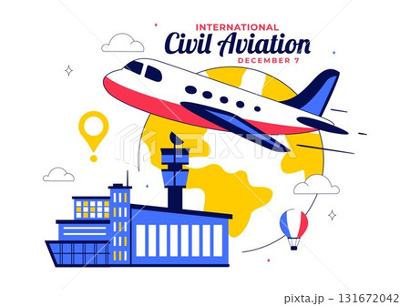 International Civil Aviation Day Illustration on December 7 Featuring an Airplane and Blue Sky View in Appreciation of Aviation in a Flat Background 131672042