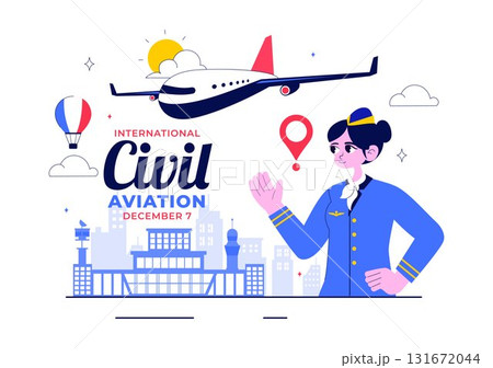 International Civil Aviation Day Illustration on December 7 Featuring an Airplane and Blue Sky View in Appreciation of Aviation in a Flat Background 131672044