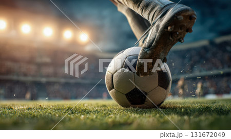 A footballer in boots presses the ball to the green grass field under the bright stadium lights, a tense sporting moment 131672049