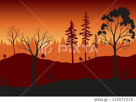 Forest fire. Burning spruces and oak trees, wood plants in flame. Forest fires in Amazon and Australia Forest fire. Burning spruces and oak trees, wood plants in flame. Forest fires in Amazon and Australia 131672314