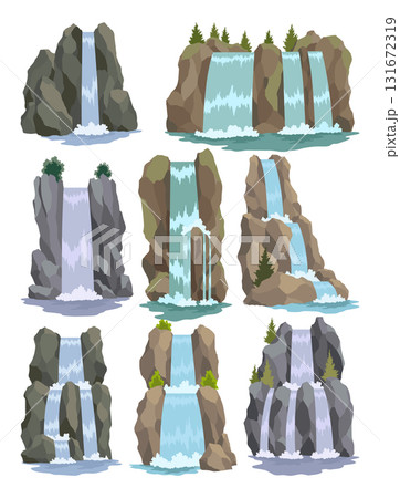 Collection of cartoon river cascade waterfalls. Landscapes with mountains and trees. Design elements for travel brochure or illustration mobile game. Fresh natural water 131672319