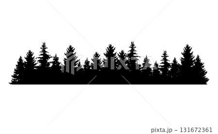 Fir trees silhouette. Coniferous spruce horizontal background pattern, black evergreen woods vector illustration. Beautiful hand drawn panorama of coniferous forest Fir trees silhouette. Coniferous spruce horizontal background pattern, black evergreen woods vector illustration. Beautiful hand drawn panorama of coniferous forest 131672361