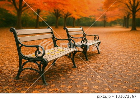 秋の公園ベンチと紅葉の風景　落ち葉のある静かな背景素材 131672567