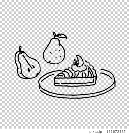 洋梨とタルトの線画イラスト（モノクロ） 131672585