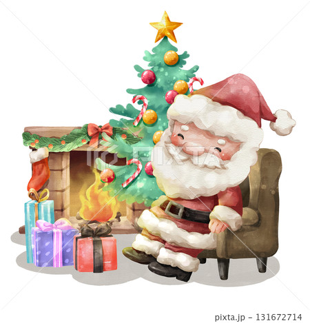 Watercolor cartoon illustration of relaxed Santa Claus sitting in armchair by a warm, crackling fireplace and christmas scenes with gifts box and a festive tree . Hand drawn digital painting . Watercolor cartoon illustration of relaxed Santa Claus sitting in armchair by a warm, crackling fireplace and christmas scenes with gifts box and a festive tree . Hand drawn digital painting . 131672714