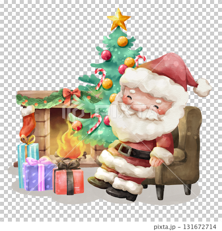 Watercolor cartoon illustration of relaxed Santa Claus sitting in armchair by a warm, crackling fireplace and christmas scenes with gifts box and a festive tree . Hand drawn digital painting . Watercolor cartoon illustration of relaxed Santa Claus sitting in armchair by a warm, crackling fireplace and christmas scenes with gifts box and a festive tree . Hand drawn digital painting . 131672714