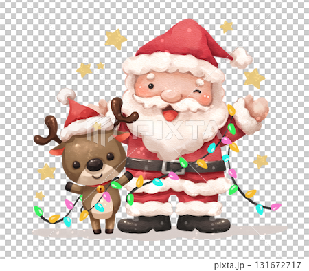 Watercolor cartoon illustration of santa claus and reindeer wrapped in Christmas lights . Hand drawn digital painting . Transparency background . Watercolor cartoon illustration of santa claus and reindeer wrapped in Christmas lights . Hand drawn digital painting . Transparency background . 131672717