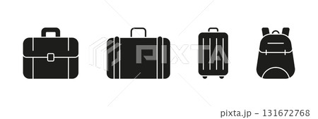 Luggage And Bag Solid Icon Set. Travel, Business, And School Bag Silhouette Symbol Collection. Briefcase, Suitcase, Trolley, And Backpack Icons. Isolated Vector Illustration 131672768