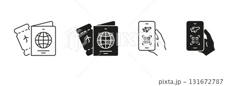 Passport And Boarding Pass With Mobile Qr Code Icon Set. Travel Documentation And Digital Ticketing Outline And Silhouette Symbols. Air Travel And Security Check. Isolated Vector Illustration 131672787