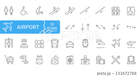 Airport Facilities And Navigation Line Icon Set. Travel, Security, And Transportation Outline Symbol. Includes Accessibility, Directions, And Services. Editable Stroke. Isolated Vector Illustration 131672788