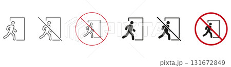 Emergency Exit And No Entry Sign Icon Set. Safety And Access Control Symbol Collection. Includes Walking Figure With Door And Prohibition Signs. Isolated Vector Illustration 131672849