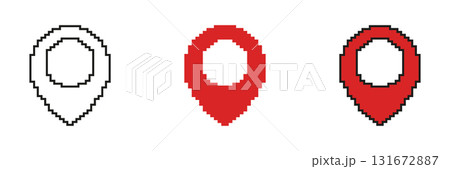Compact Drop Shape Geolocation Tag Pixelated Icon Set. Pixel Art Symbol Collection of Navigation Marker and Pin. Isolated Vector Illustration 131672887