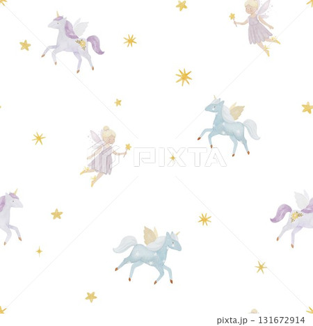 Seamless watercolor pattern with cute fairies, unicorns, and golden stars. Perfect for baby girl nursery decor, kids room textiles, wallpapers, pajamas, and magical themed products. 131672914