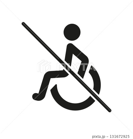 Wheelchair Not Accessible Solid Icon. No Wheelchair Access, Restricted Mobility Area Silhouette Symbol. Accessibility Limitation Warning. Isolated Vector Illustration 131672925