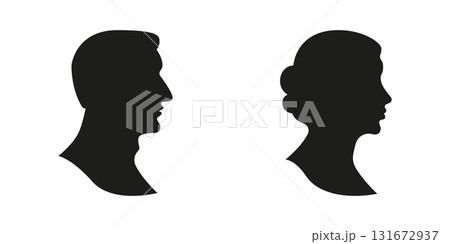 Male And Female Silhouette Profiles Solid Icon Set. Gender Representation And Identity Silhouette Symbol Collection. Human Profile Silhouettes For Communication. Isolated Vector Illustration 131672937