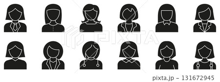 Female Avatar Icons with Professional and Casual Outfits Solid Icon Set. User Profile Symbols for Identity, Interface and Business Contact Silhouette Symbol Collection. Isolated Vector Illustration 131672945