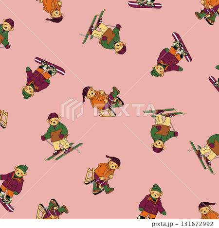 手描きで描いた可愛いクマのテキスタイルパターン, 131672992
