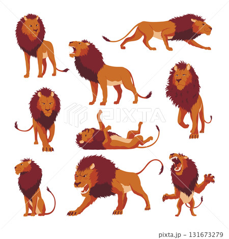 Proud powerful lion character in different actions set. King of animal. Cartoon cute wild cats collection. Isolated vector Illustrations on a white background Proud powerful lion character in different actions set. King of animal. Cartoon cute wild cats collection. Isolated vector Illustrations on a white background 131673279
