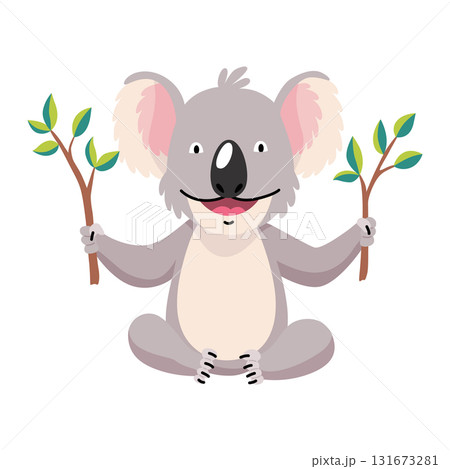 Cute koala character joyfully holding onto two branches in its paws for support 131673281