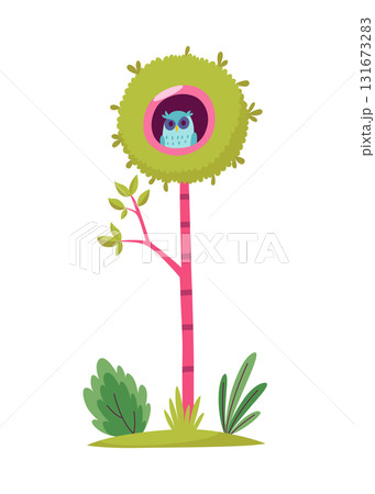 A small bird is comfortably sitting in its cozy nest upon a tree 131673283