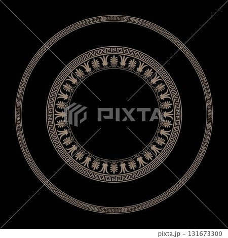 Round gold frame with greek ornament. Vintage gold round frame with Greek ornament. Frame with a Greek key meander. Vintage style. Round elements for design. Vector illustration. Round gold frame with greek ornament. Vintage gold round frame with Greek ornament. Frame with a Greek key meander. Vintage style. Round elements for design. Vector illustration. 131673300