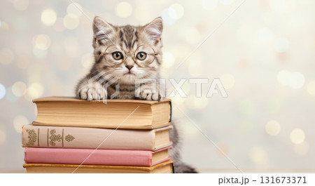 Smart kitten in round glasses sits on a stack of vintage books. Learning and knowledge. 131673371