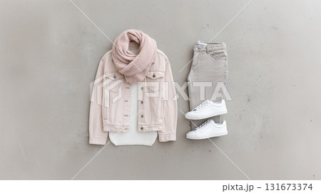 Spring Fashion Flat Lay with Light Denim Jacket Pink Scarf and White Sneakers 131673374
