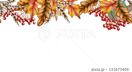 Autumn seamless border of oak and maple leaves with vibrant viburnum berries,in soft watercolor and textured colored pencils.For seasonal cards,childrens books and rustic decor hand drawn clipart Autumn seamless border of oak and maple leaves with vibrant viburnum berries,in soft watercolor and textured colored pencils.For seasonal cards,childrens books and rustic decor hand drawn clipart 131673409