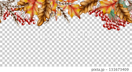 Autumn seamless border of oak and maple leaves with vibrant viburnum berries,in soft watercolor and textured colored pencils.For seasonal cards,childrens books and rustic decor hand drawn clipart Autumn seamless border of oak and maple leaves with vibrant viburnum berries,in soft watercolor and textured colored pencils.For seasonal cards,childrens books and rustic decor hand drawn clipart 131673409