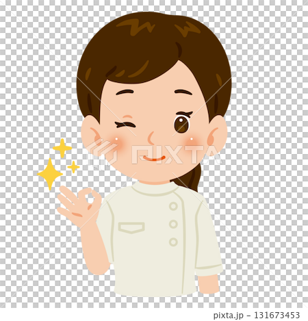 A woman wearing a white casey giving an OK sign, upper body illustration 131673453