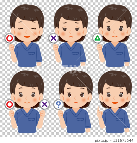 An upper body illustration of a woman wearing blue scrubs holding blue check marks and cross marks 131673544