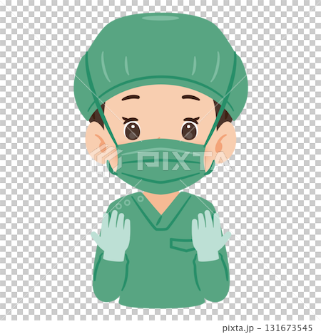 Illustration of a woman wearing green surgical gown, upper body 131673545
