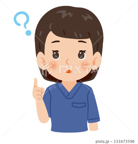 青色のスクラブを着た疑問を持つ女性　上半身イラスト 131673596