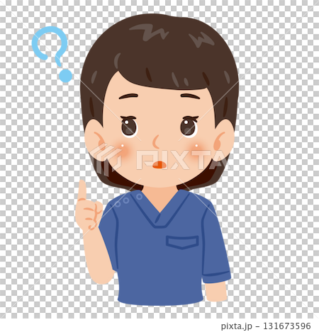 青色のスクラブを着た疑問を持つ女性　上半身イラスト 131673596