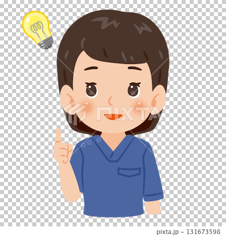 A woman wearing a blue scrub with a flash of inspiration - upper body illustration A woman wearing a blue scrub with a flash of inspiration - upper body illustration 131673598
