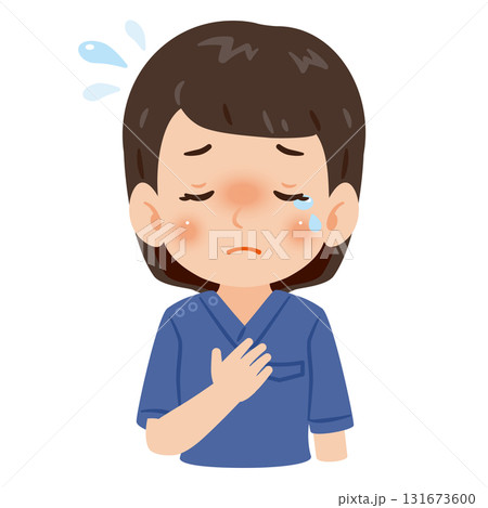 青色のスクラブを着た泣く女性　上半身イラスト 131673600