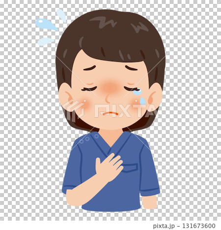 青色のスクラブを着た泣く女性　上半身イラスト 131673600