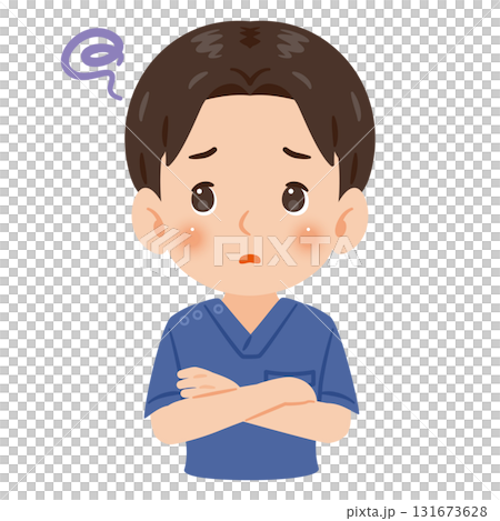 一位身穿藍色手術服、上身陷入困境的男子插圖 131673628