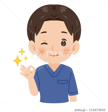 青色のスクラブを着たOKサインを出す男性　上半身イラスト 131673630