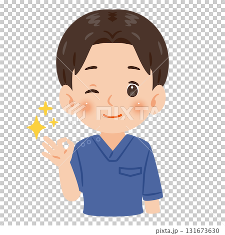青色のスクラブを着たOKサインを出す男性　上半身イラスト 131673630