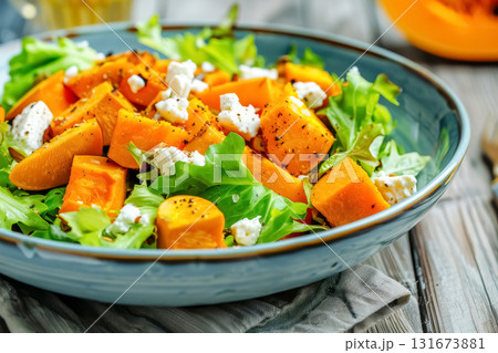 Fresh autumn salad with roasted squash and goat cheese served in a rustic bowl on a wooden table 131673881