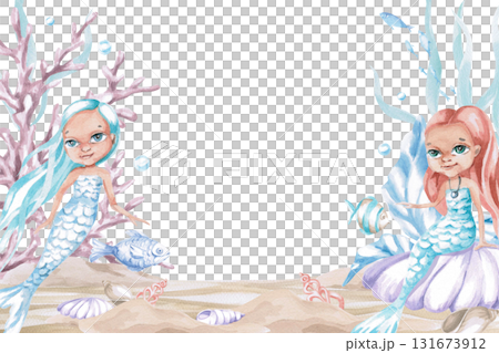 A rectangular frame with two mermaids on the seabed. Isolated watercolor illustration of underwater creatures for children's interior design, party decor, and swimming pools. 131673912