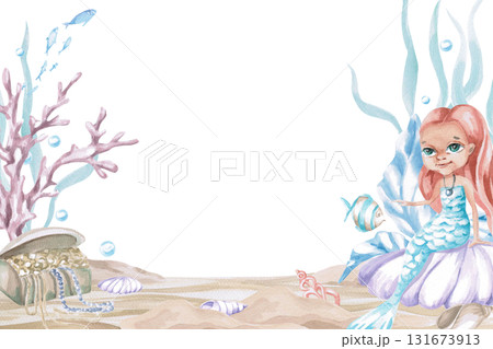 A rectangular frame featuring a mermaid and a treasure chest on the seabed. Isolated watercolor illustration of underwater creatures for children's interior design, party decor, and swimming pools. 131673913
