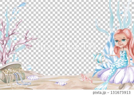 A rectangular frame featuring a mermaid and a treasure chest on the seabed. Isolated watercolor illustration of underwater creatures for children's interior design, party decor, and swimming pools. 131673913