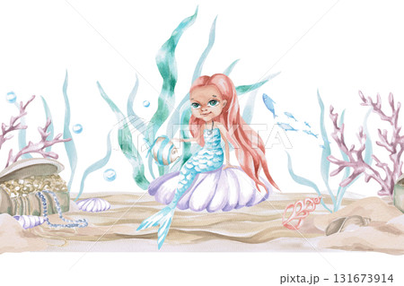 A seamless border featuring a mermaid and a treasure chest on the seabed. Isolated watercolor illustration of underwater creatures for children's interior design, party decor, and swimming pools. A seamless border featuring a mermaid and a treasure chest on the seabed. Isolated watercolor illustration of underwater creatures for children's interior design, party decor, and swimming pools. 131673914