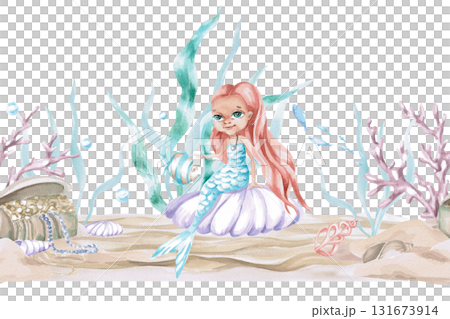 A seamless border featuring a mermaid and a treasure chest on the seabed. Isolated watercolor illustration of underwater creatures for children's interior design, party decor, and swimming pools. A seamless border featuring a mermaid and a treasure chest on the seabed. Isolated watercolor illustration of underwater creatures for children's interior design, party decor, and swimming pools. 131673914