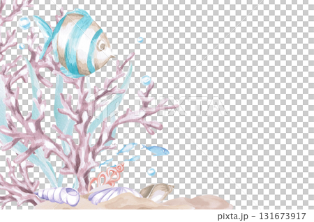 A rectangular frame with sea creatures, corals and striped fish. Isolated watercolor illustration of underwater creatures for children's interior design, party areas, playrooms, and swimming pools. A rectangular frame with sea creatures, corals and striped fish. Isolated watercolor illustration of underwater creatures for children's interior design, party areas, playrooms, and swimming pools. 131673917
