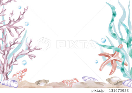 A rectangular frame with seaweed, coral, and shells. Isolated watercolor illustration of underwater creatures for children's interior design, party areas, playrooms, and swimming pools. A rectangular frame with seaweed, coral, and shells. Isolated watercolor illustration of underwater creatures for children's interior design, party areas, playrooms, and swimming pools. 131673928
