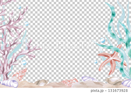 A rectangular frame with seaweed, coral, and shells. Isolated watercolor illustration of underwater creatures for children's interior design, party areas, playrooms, and swimming pools. A rectangular frame with seaweed, coral, and shells. Isolated watercolor illustration of underwater creatures for children's interior design, party areas, playrooms, and swimming pools. 131673928