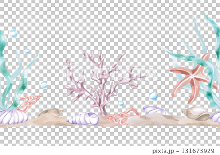 A seamless border with seaweed, coral, and shells. Isolated watercolor illustrations of underwater creatures for children's interior design, party areas, playrooms, and swimming pools. A seamless border with seaweed, coral, and shells. Isolated watercolor illustrations of underwater creatures for children's interior design, party areas, playrooms, and swimming pools. 131673929